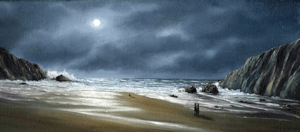 Original fine art seascape painting Titled Moonlight Walk